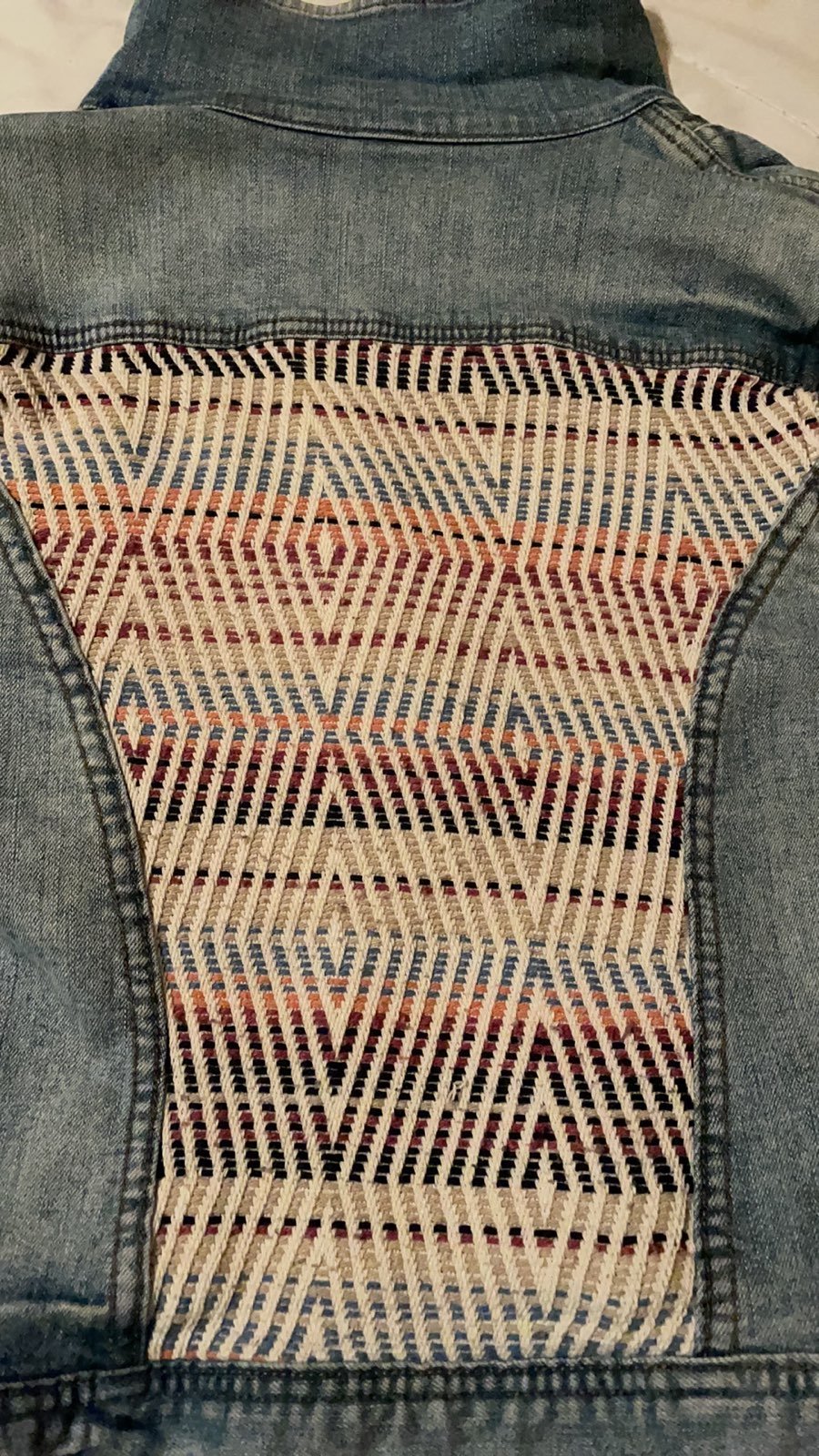 Custom ROXY Slightly ripped jean jacket with colerful but muted dimond patterned