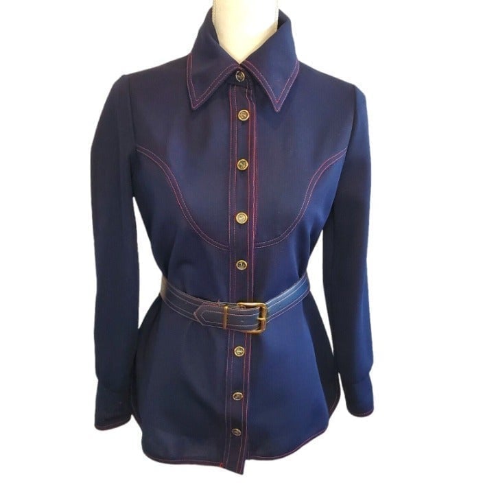 Retro 70s Sailor Nautical Jacket Blue Belted Anchor Buttons Navy Blue Small