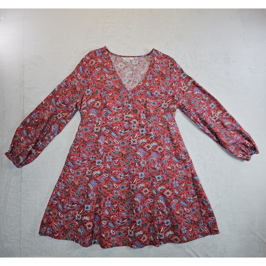 Boden Pink Babydoll Floral Linen Midi Dress Sz 12R Long Puff Sleeves V Neck