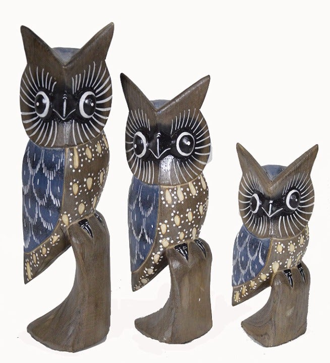 3 Blue and Gray Owls Decor Sculptures