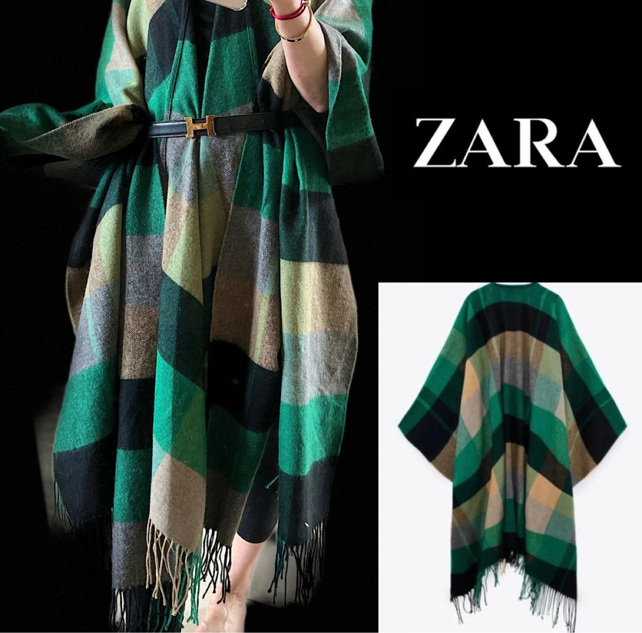 Zara Wool Blend Fringed Green Multi-Color Plaid Cape Poncho Shawl Size M Fit L