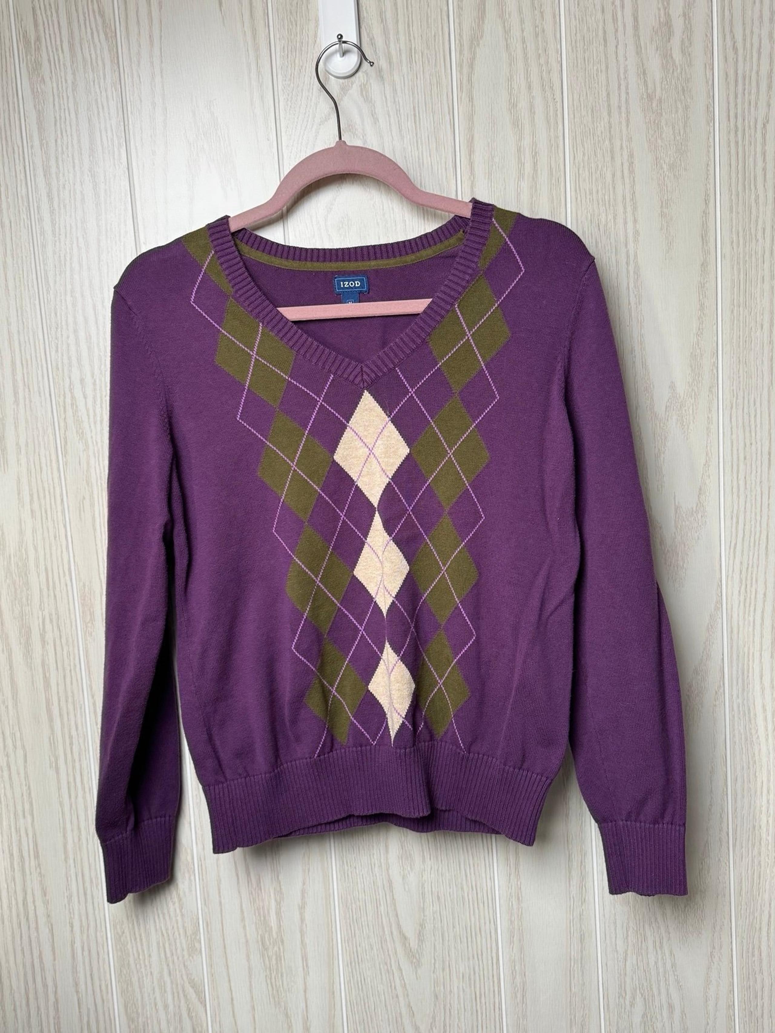 Women’s Purple and Green V-Neck Argyle Cotton Sweater Size M - IZOD