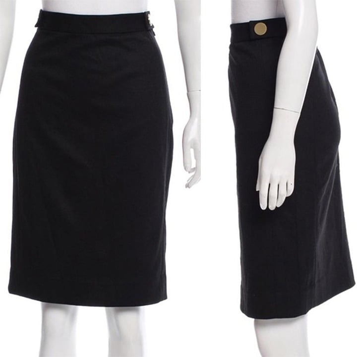 Diane Von Furstenberg Panel Acmis Black Gold Button Waist Trim Pencil Skirt 12