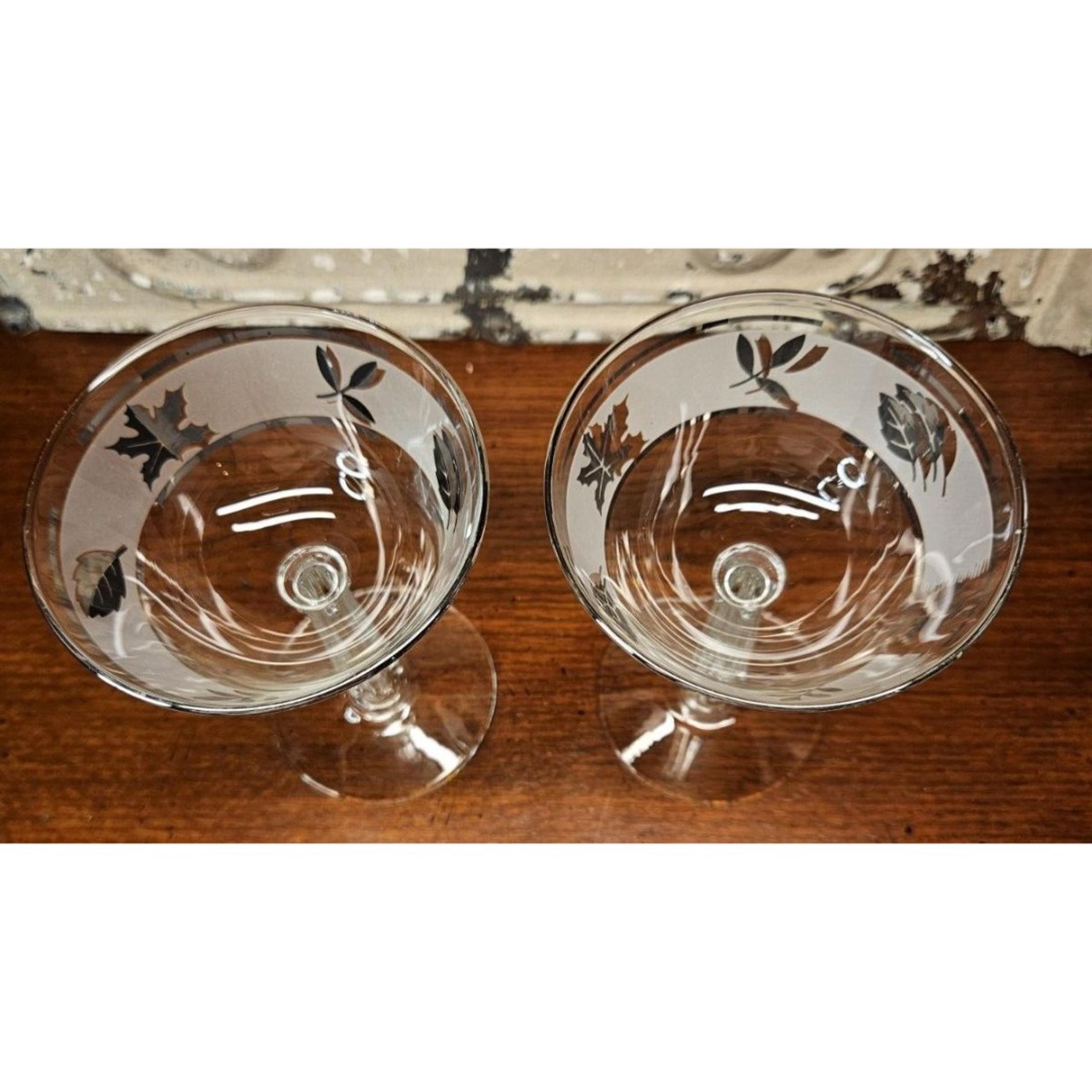 Vintage Pair of Libbey Glass Silver Leaf Overlay Stemmed Champagne Goblet 5.75"