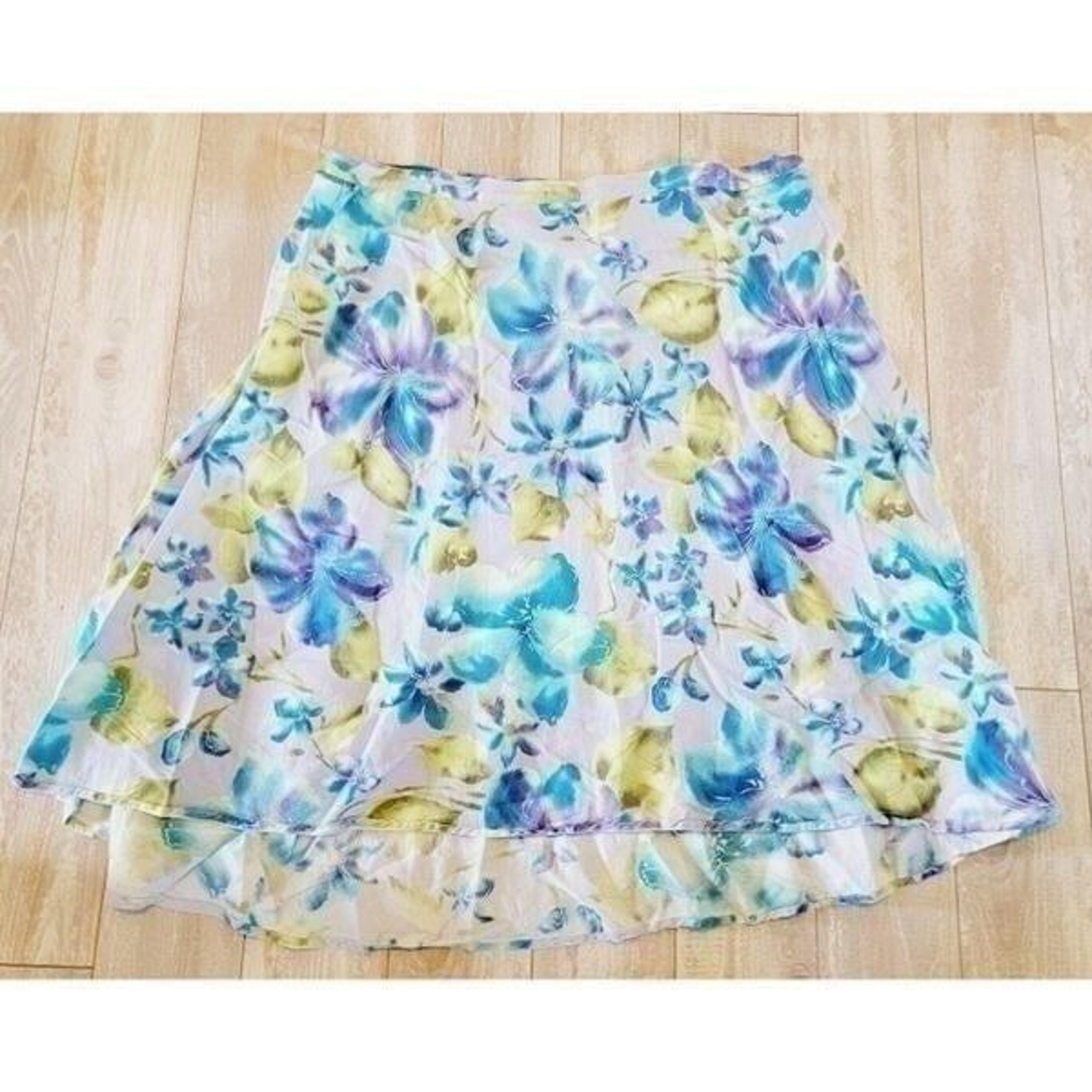 Avenue 22 Blue Floral Linen Blend Skirt  Hi Lo Side Zip India A-line