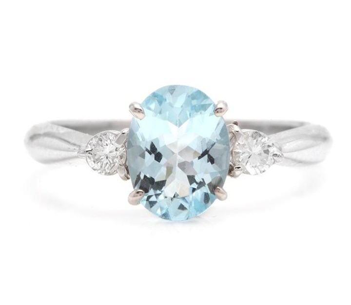 1.80Ct Natural Oval Sky Blue Topaz & Diamond Solitaire Ring 14k White Gold
