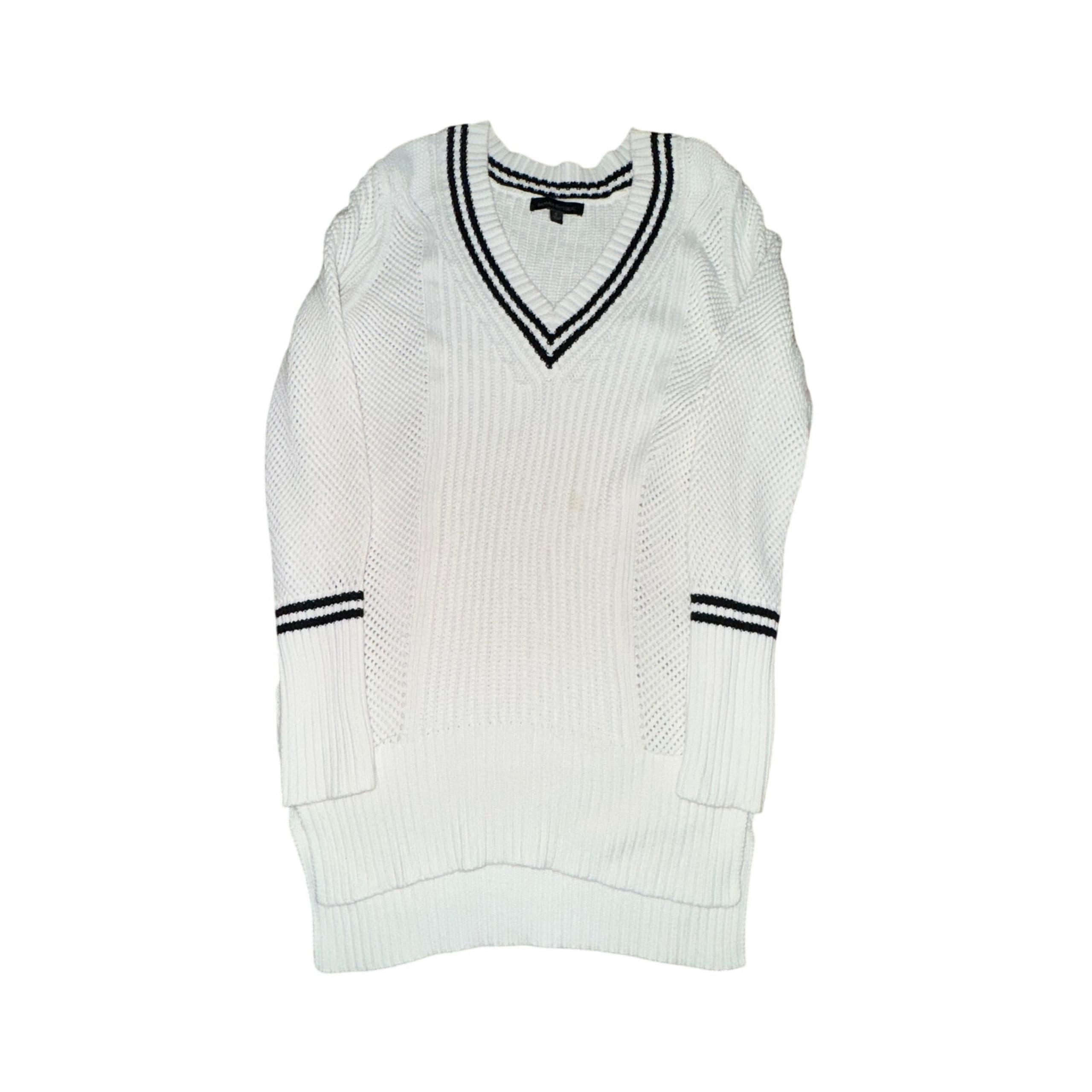 Banana Republic V Neck Stitch Cocoon Sweater Women's Sz S White Blue Chunky Knit