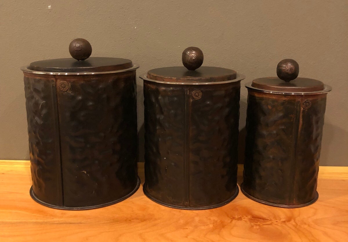 Jan Barboglio RARE SET OF (3) Hammered Iron Canisters Removable Stainless Insert