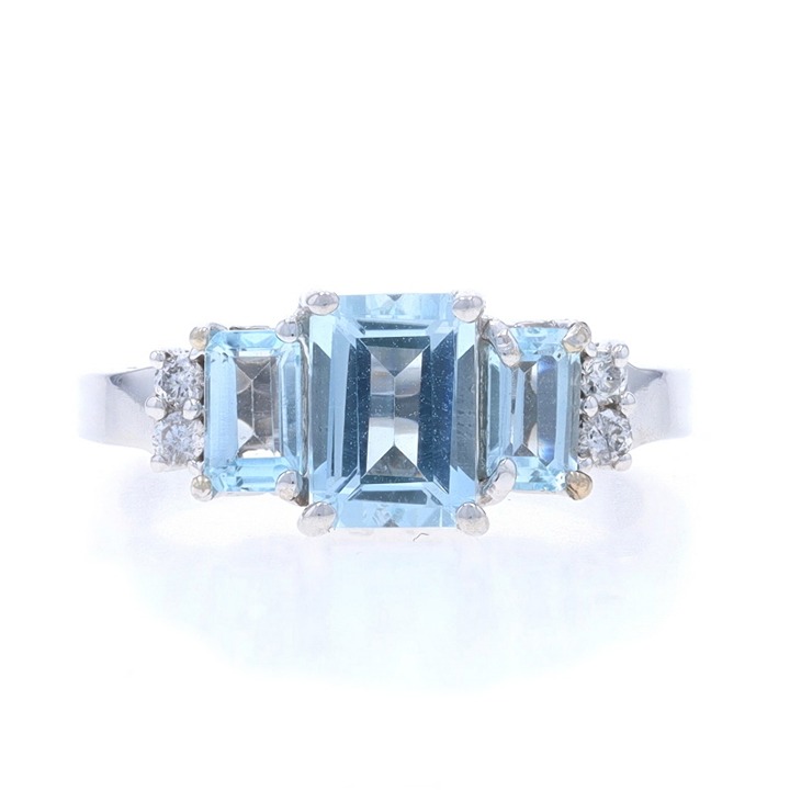 White Gold Aquamarine Diamond Ring - 14k Emerald Cut 1.36ctw Three-Stone LX1868