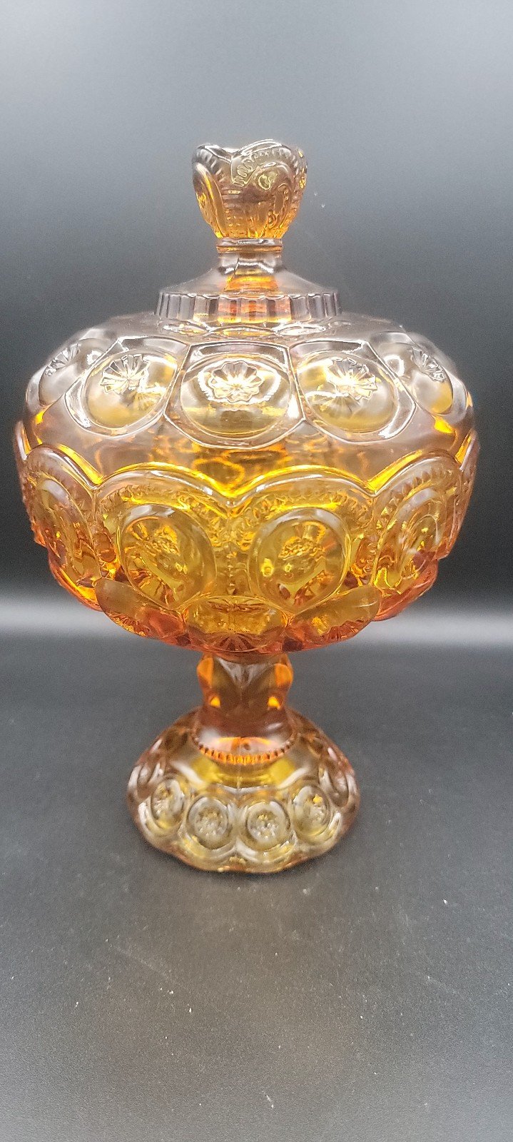 Vintage LE Smith Glass Amber Moon & Star Covered Compote. RARE!