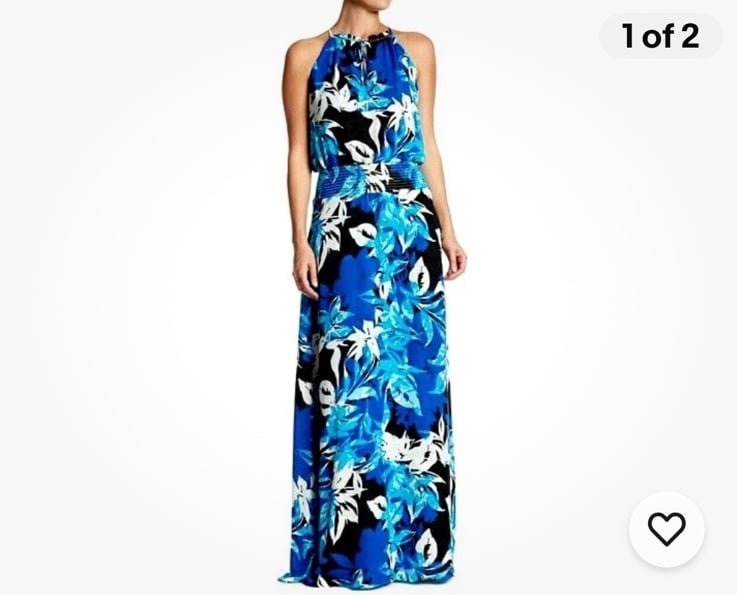 Parker Amos Ruffle Halter Maxi Dress Blue Floral Smocked Waist Womens M