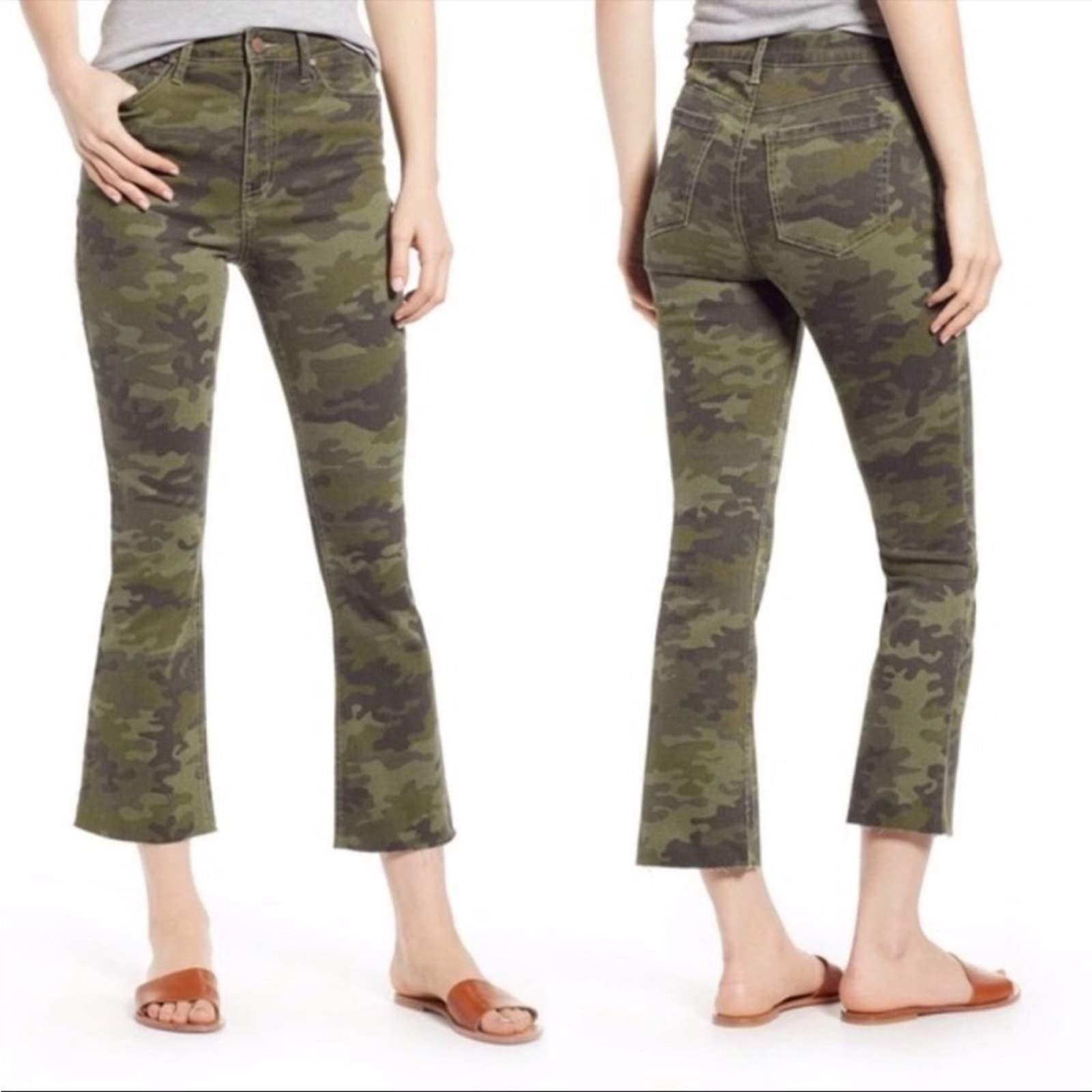 Tinsel Jeans Camouflage Green Crop Flare Pants 27 Raw Fray Hem