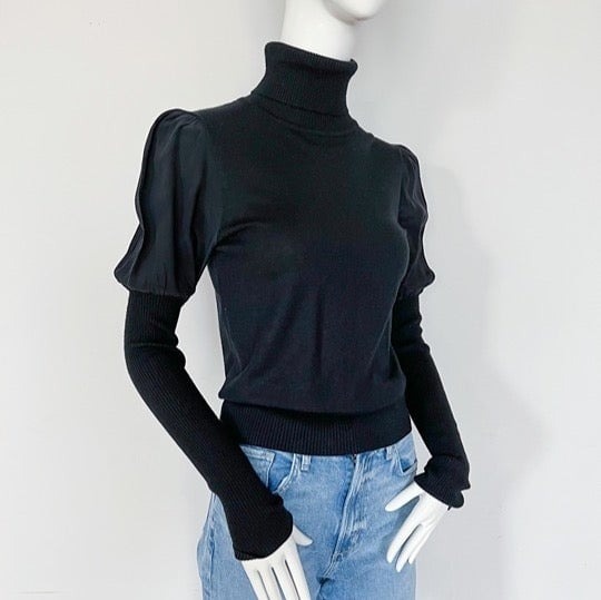 Nysense Paris | Womens Wool Blend Black Turtleneck Puff Sleeve Knit Warm Sweater