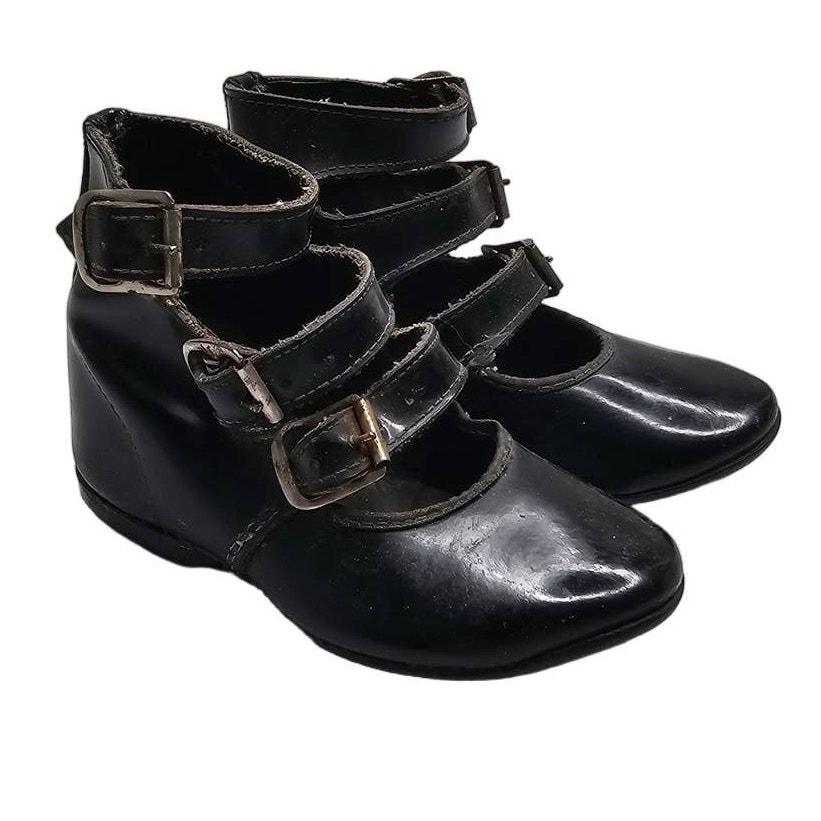 Antique Victorian Baby Leather Shoes Primitive Black 3 Side Buckles