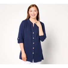 Denim & Co. Beach Regular Gauze Button Up Big Shirt Navy size 2X