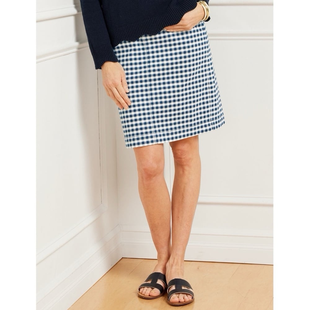 Talbots Navy and White Fancy Gingham Denim A-Line Skirt Size 2 Preppy Casual NEW