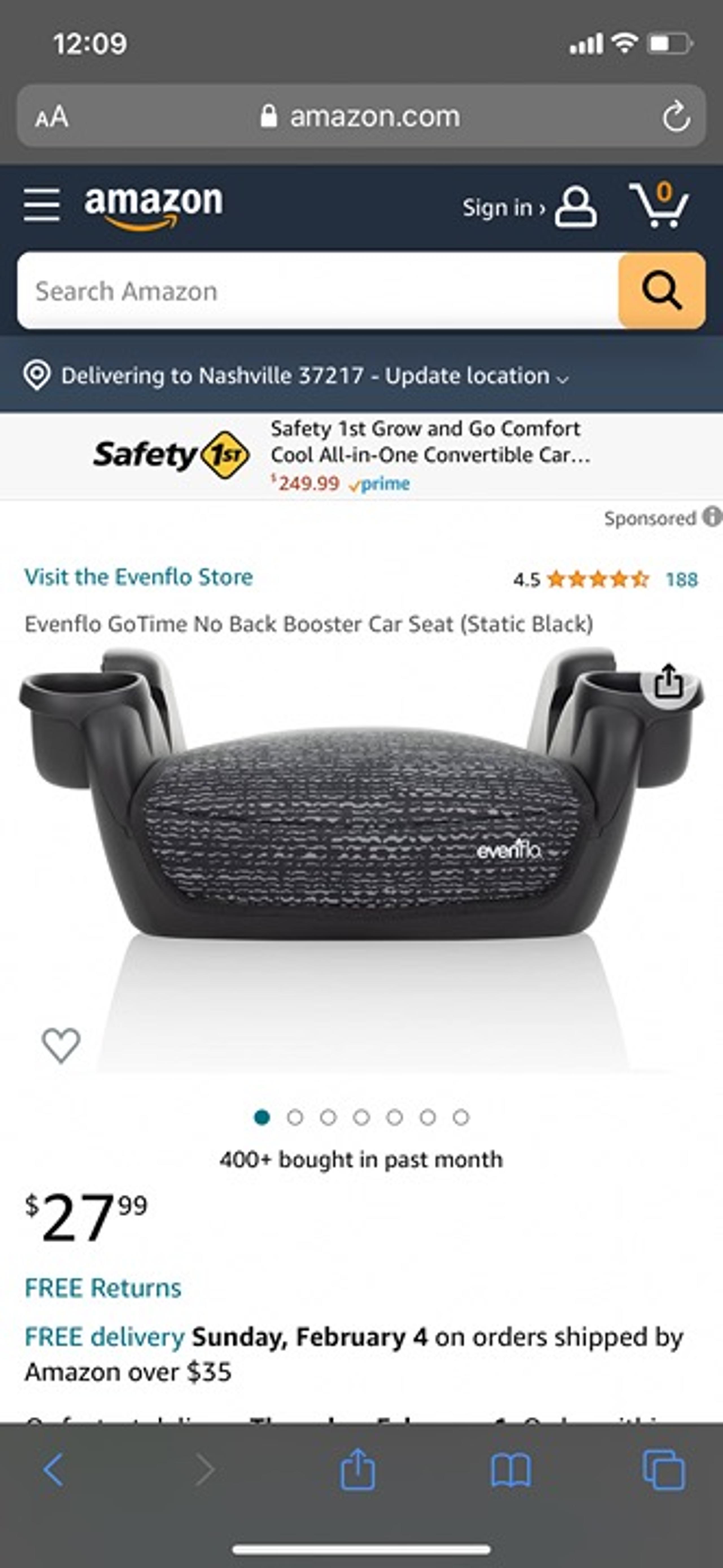 Evenflo Go Time No Back Booster Car Seat  (Static Black)