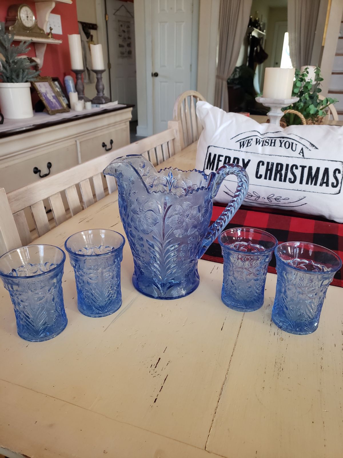 Vtg LE Smith Blue Pitcher/Glasses
