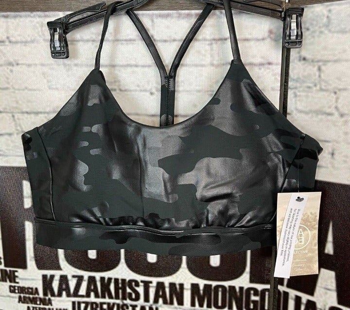 Sage Jrs XL Black Camoflauge Faux Leather Lined Y-Back Cut-Out Sports Bra