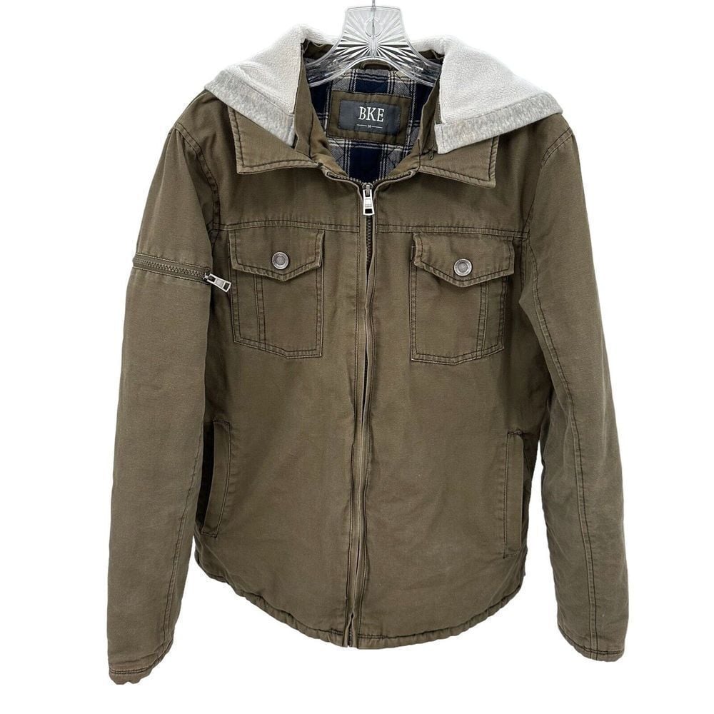 BKE Hoodie Coat Lined Removable Hood Tan Full Zip Split Side Men Sz M Western