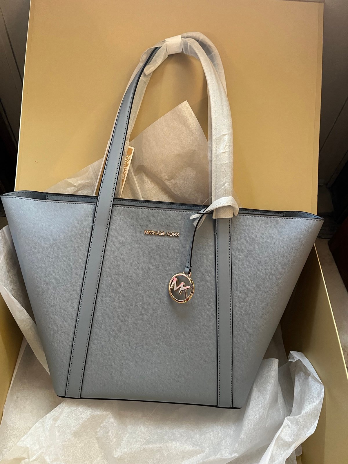 Michael Kors Pratt pale blue large tote& ribboned gift box