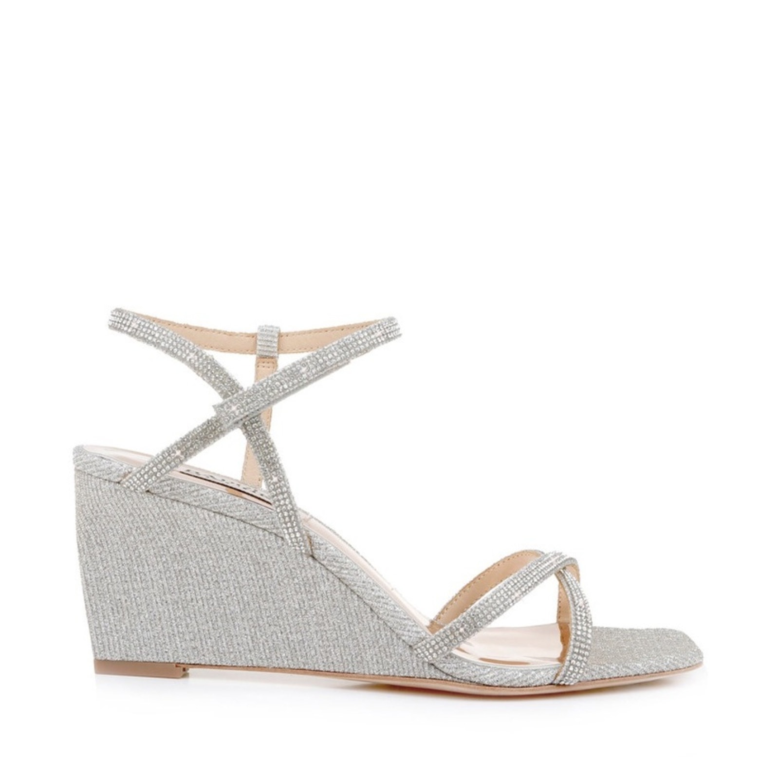 BADGLEY MISCHKA REAGAIN EMBELLISHED WEDGE SILVER WOMEN HEELS SIZE 11M BRAND NEW