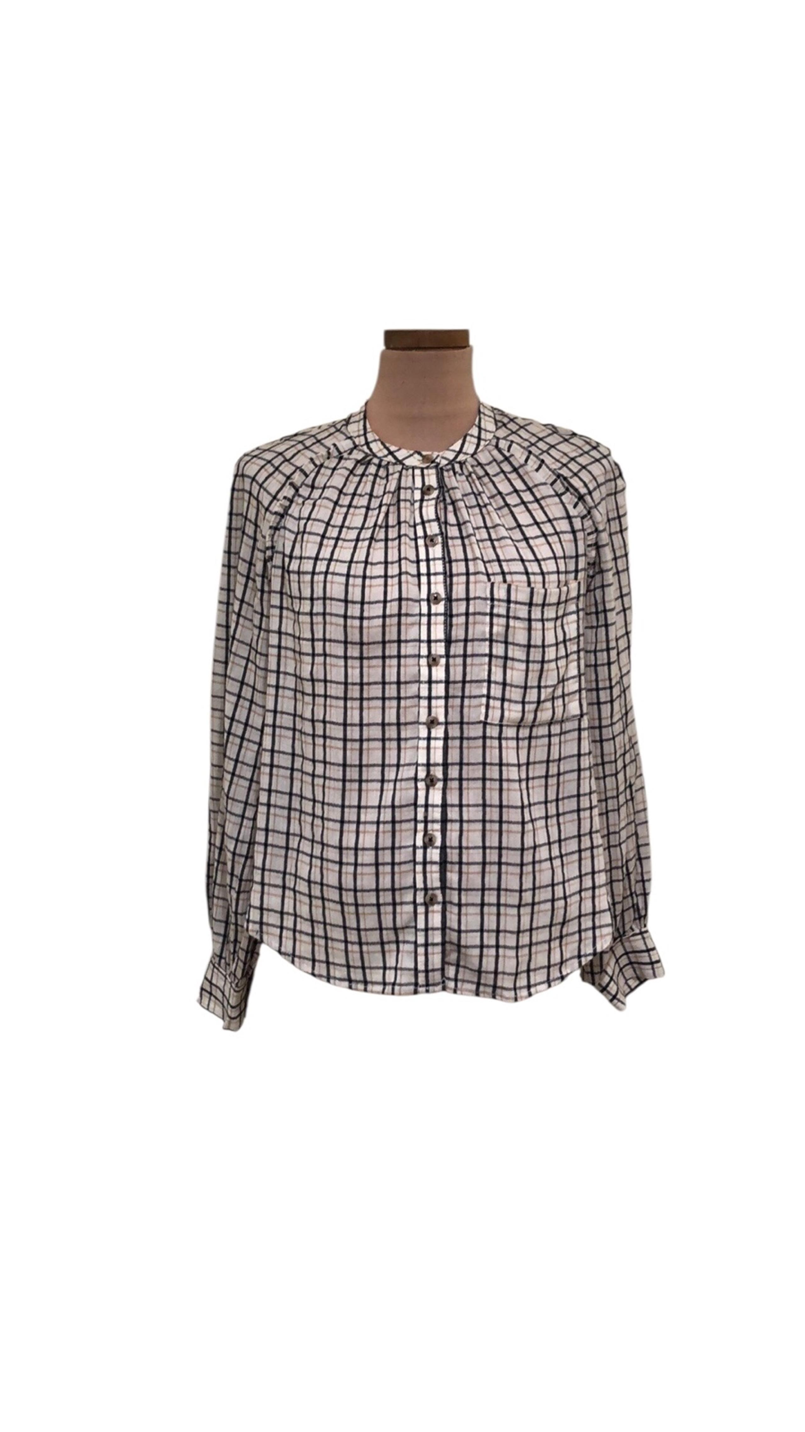 Pilcro Shirt Size Medium Ecru Cream Plaid Ruffle Button Down - Anthropologie