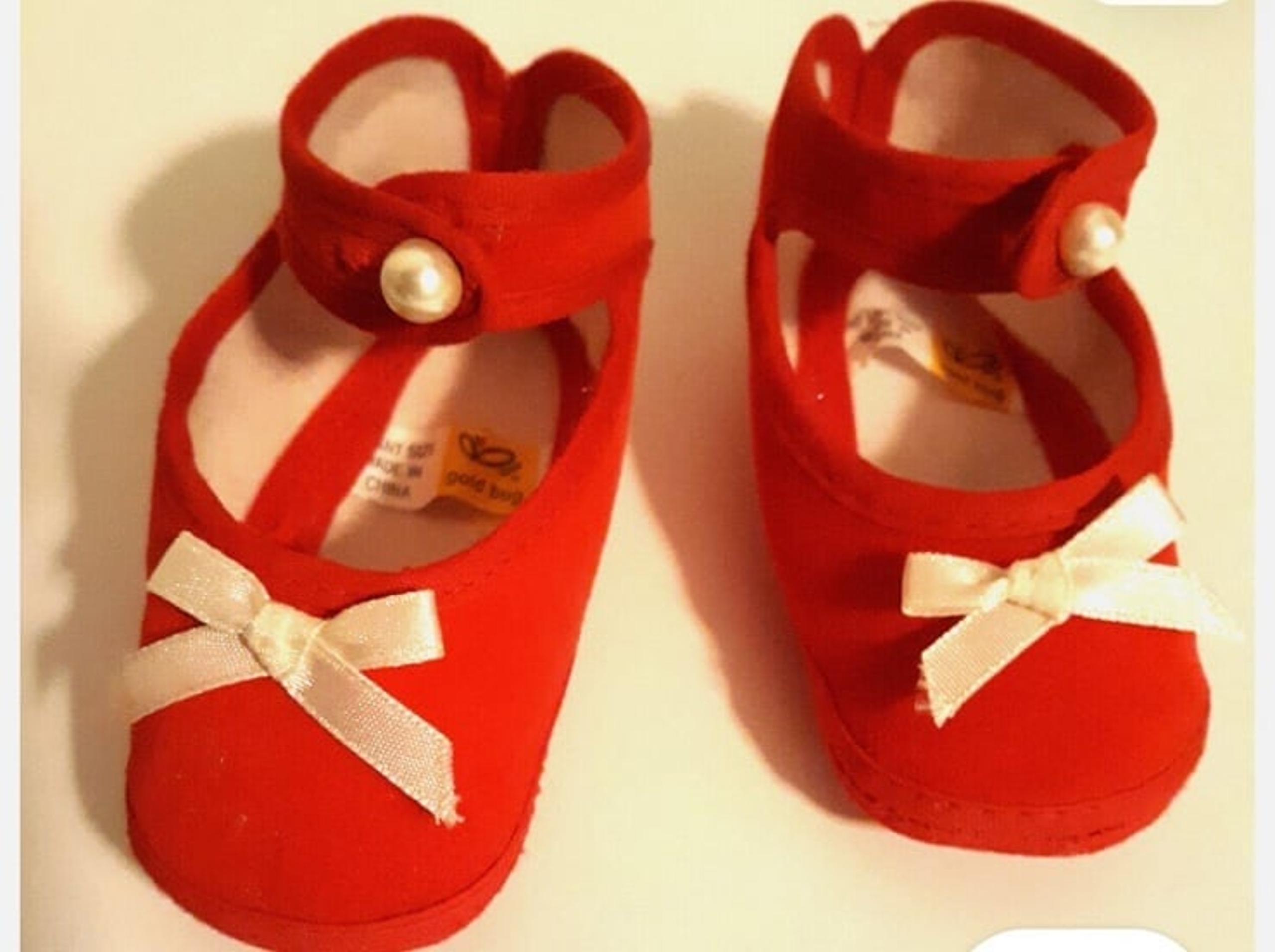 Vintage red velvet pearl button baby shoes size “infant “ which is 3-6 months