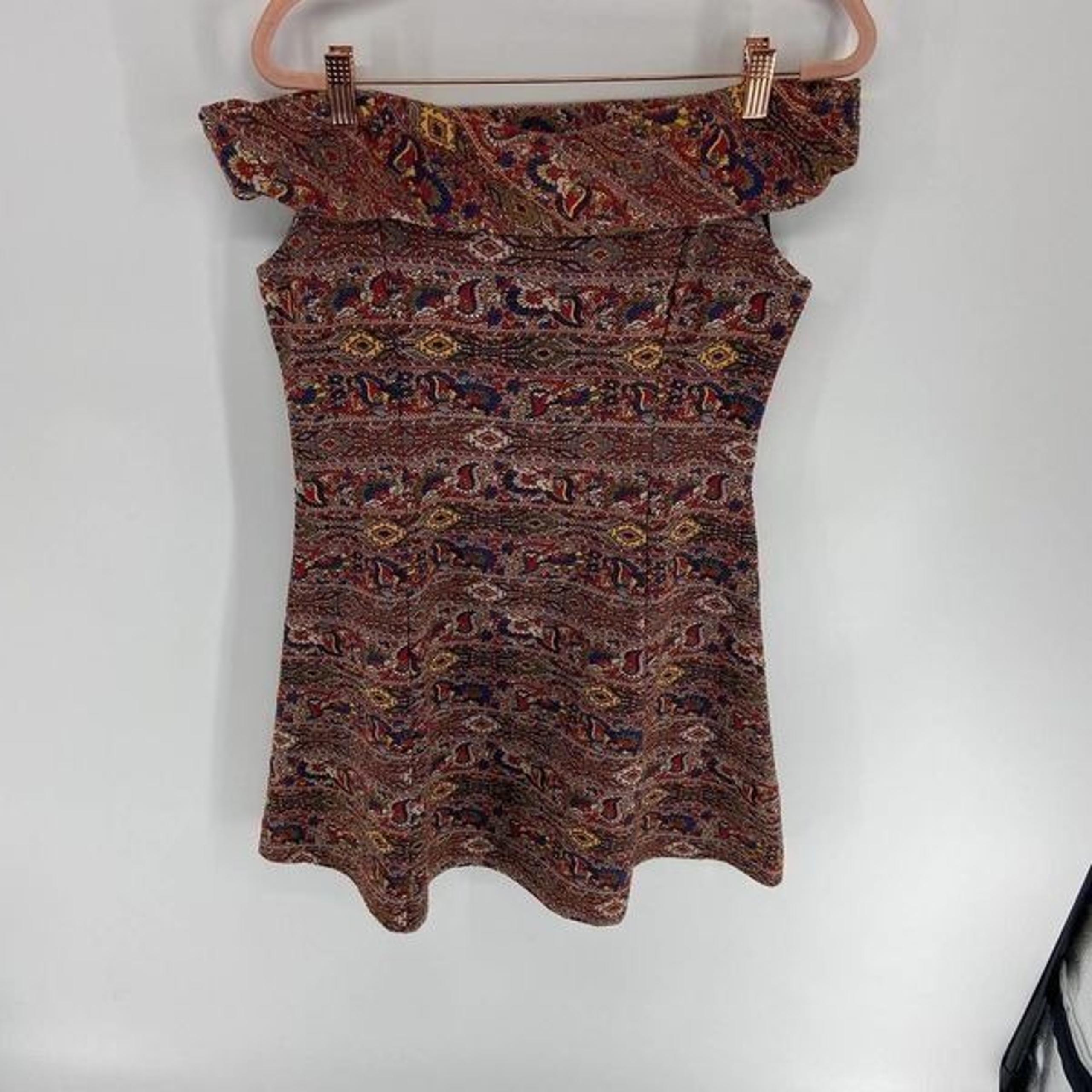 Zara off the Shoulder Red Geometric Tapestry Fit and Flare Mini Dress Womens L