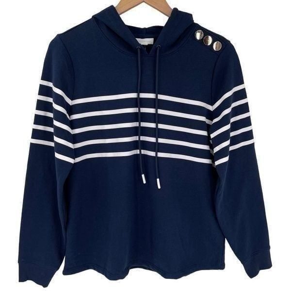 Charter Club Nautical Stripe Hoodie Sweatshirt Button Detail Women Medium Blue