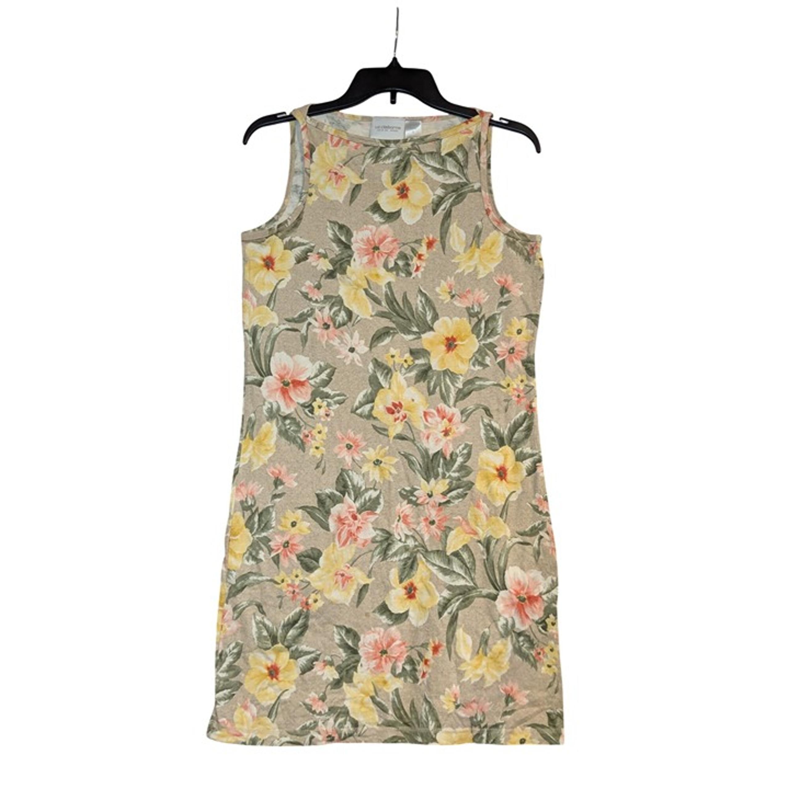 Liz Claiborne Womens Petite Floral Print Sleeveless Dress Beige Pink Yellow Cott