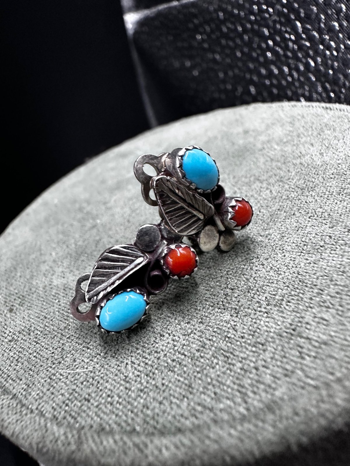 Vintage Sterling Turquoise Coral Native Style Clip on Earrings