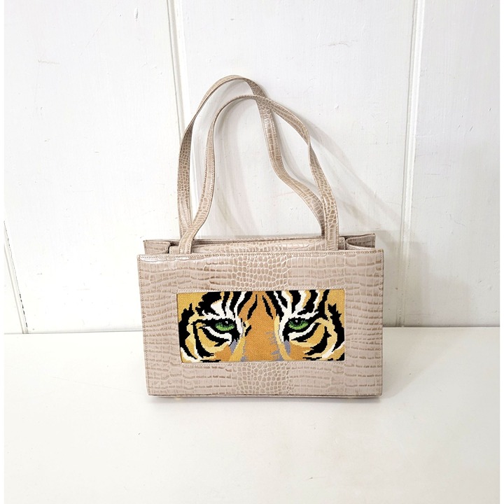 Tiger Needlepoint Faux Croc Beige Handbag Lee Needle Arts