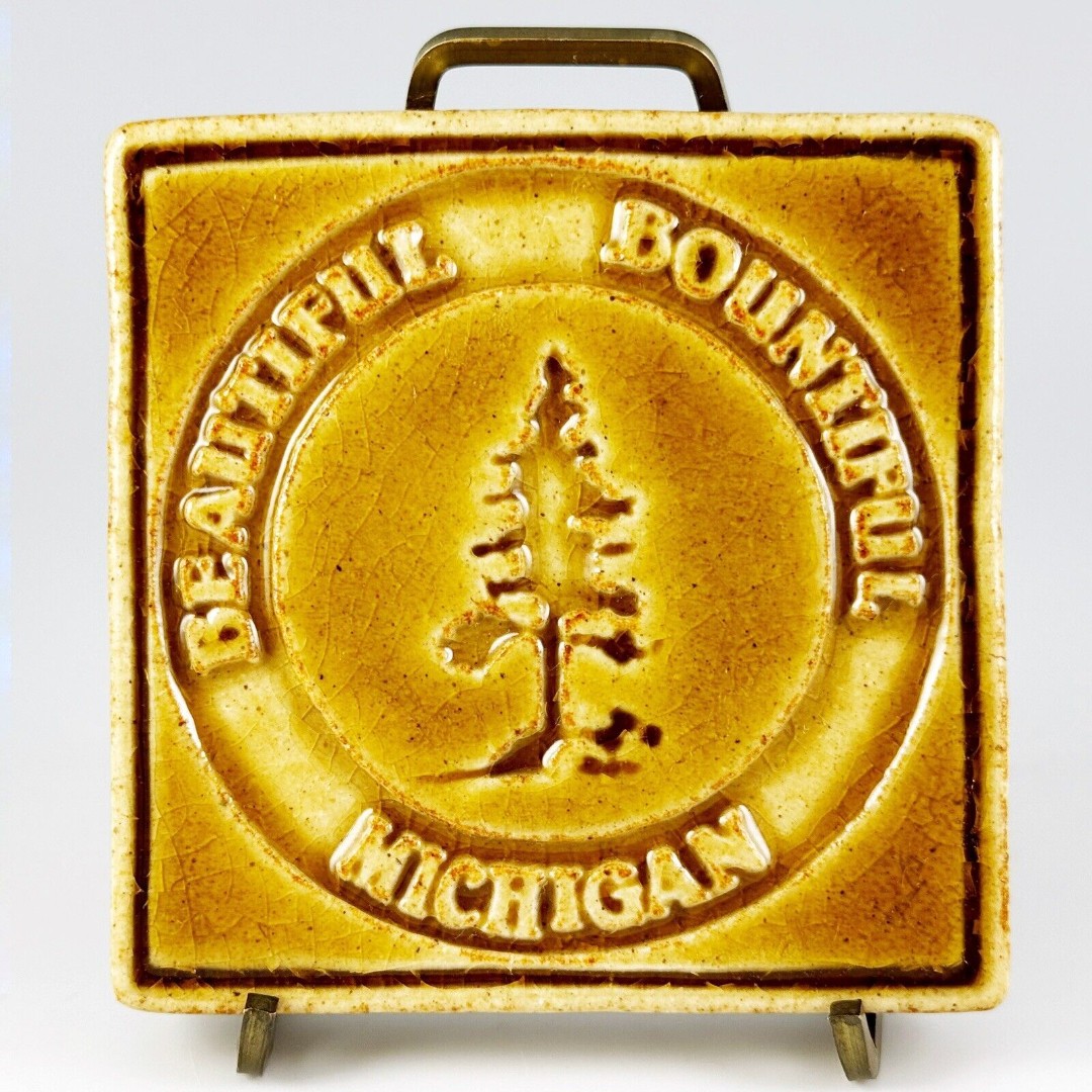 Pewabic Pottery Michigan Yellow Brown Ceramic Tile Beautiful Bountiful Tree 2004