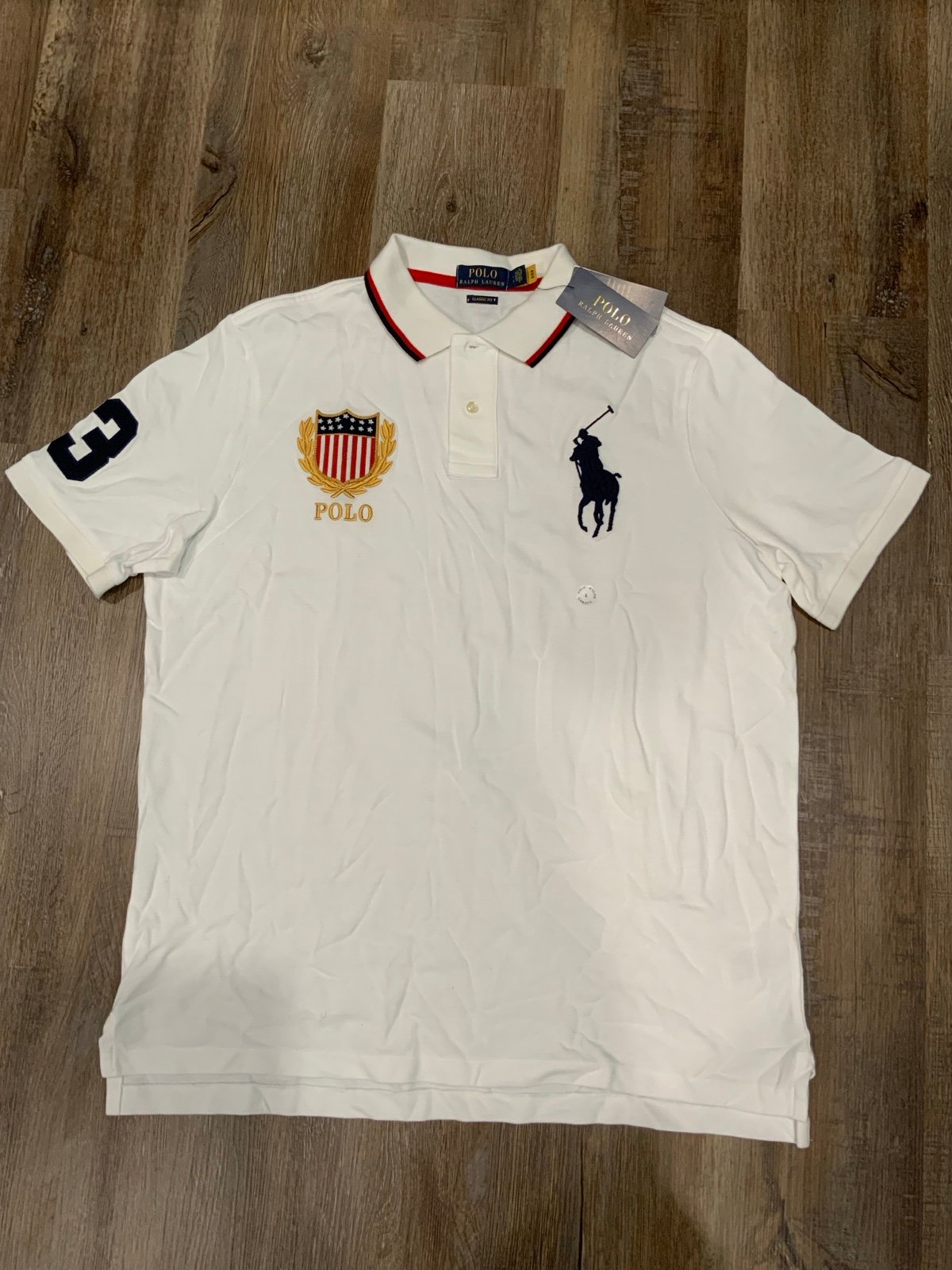 Polo Ralph Lauren Shirt Big Pony US flag shield crest White Men's Sz L