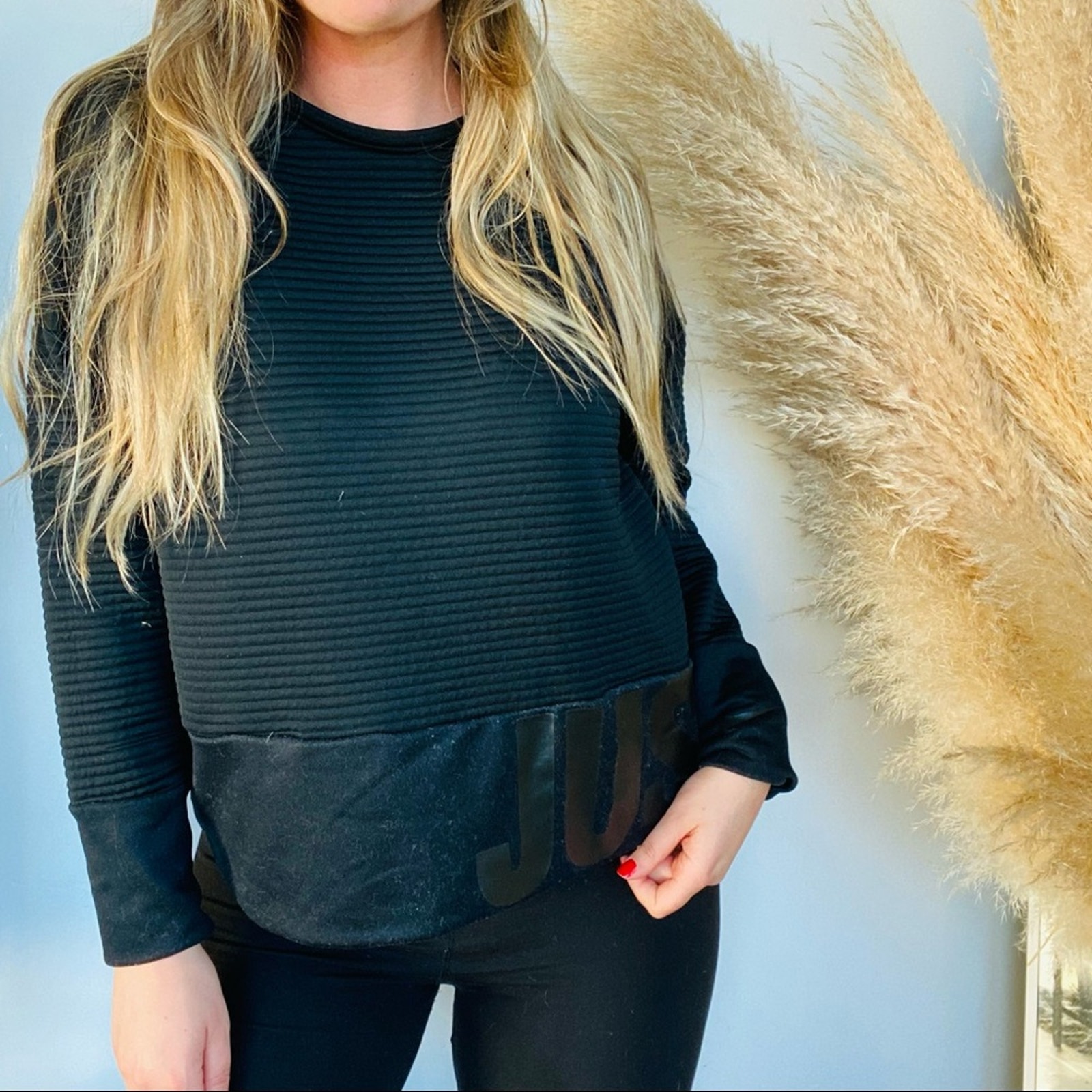 NIKE Black Ribbed Striped Knit Pullover Logo Just Do It Sweater Sweatshirt M