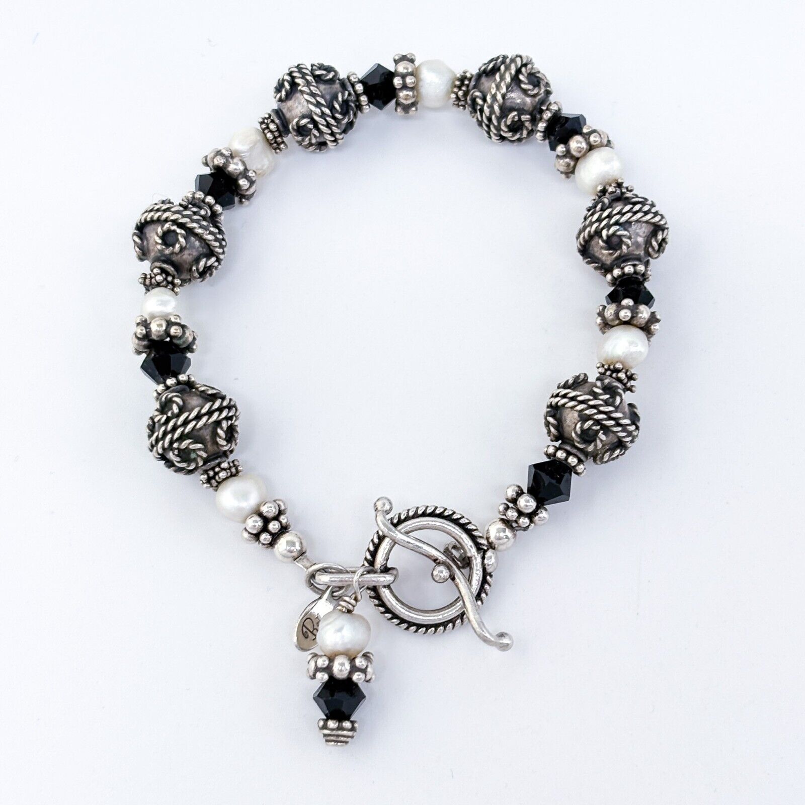 Vintage Bella Sterling Silver 925 Pearl Black Crystal Beaded Bracelet 7.5