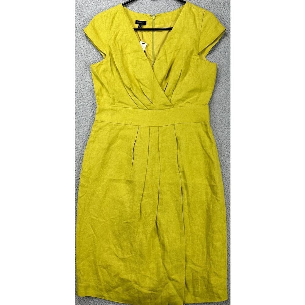 Talbots Dress Womens 6 Chartreuse Yellow 100% Linen Faux Wrap Midi Back Zip NEW