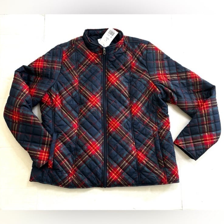 NEW Kim Rogers Quilted Puffer Jacket Coat Plaid Red Blue Lightweight Women's XL
