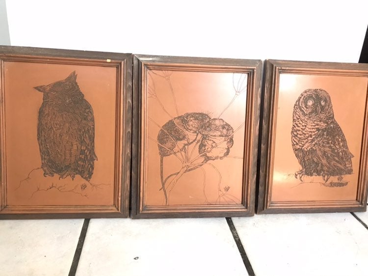 Vintage woodlike owl and mice framed etc