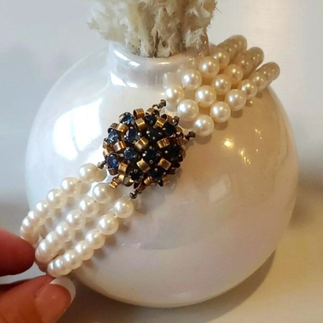 Art Deco Three-Strand Pearl Necklace ESTATE 14k Gold & 1.5 Carat Sapphire Choker
