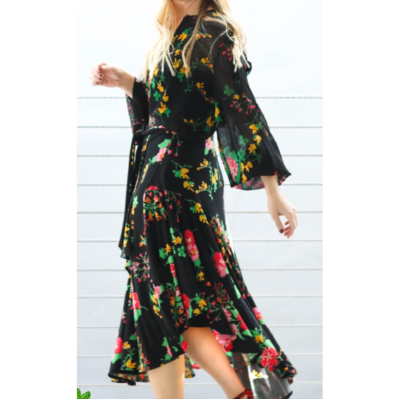 CAbi 2 pc Floral Black Red Skirt SET Sheer Blouse top Heavy Flowy Wrap