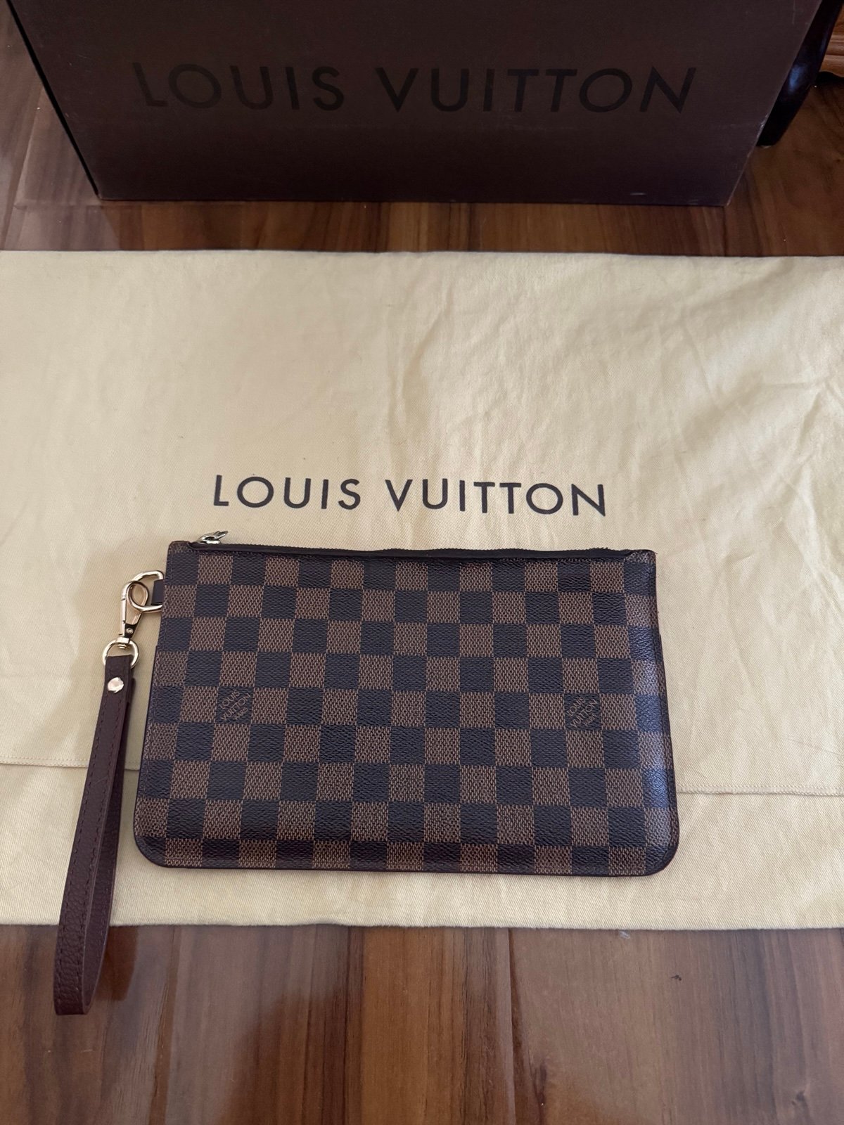 Vuitton neverfull pouch authentic damier ebene wristlet tote bag wallet