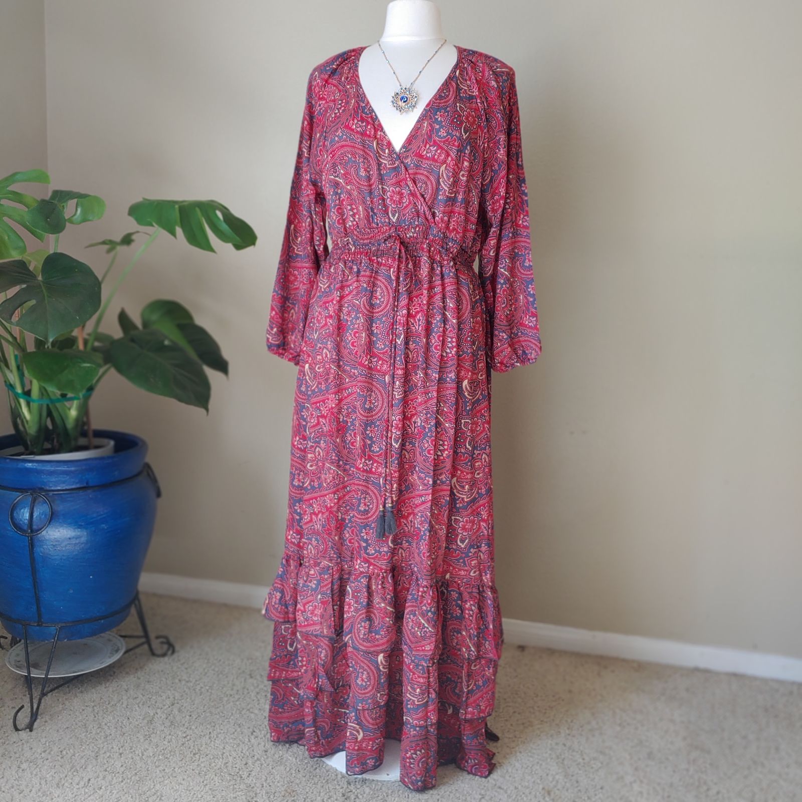 Chaudry - Boho Maxi Slight high-low Peasant Floral Paisley Ruffle Dress Size L