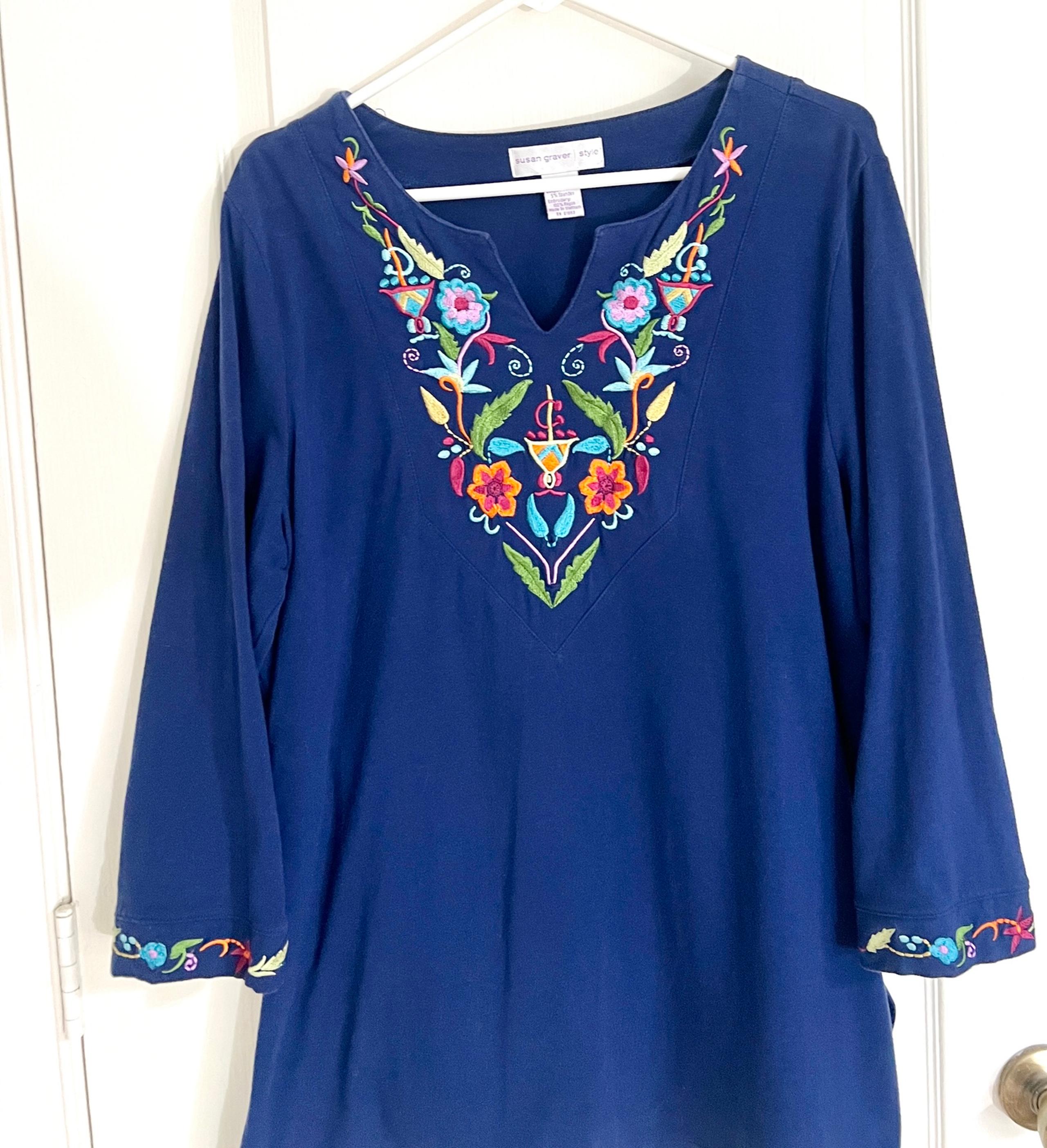 Susan Graver Tunic Shirt XL Blue Colorful Embroidered Floral 3/4 Sleeve