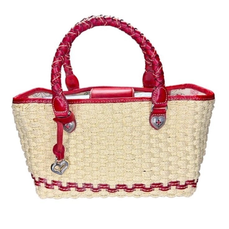 BRIGHTON Designer Straw Bag Leather Braided Handles Pockets key clip
