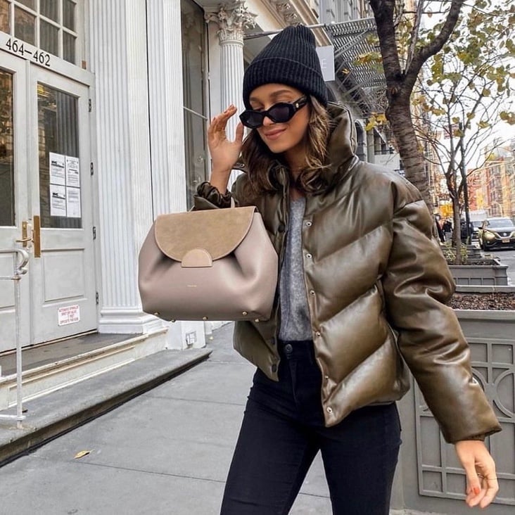 Faux Vegan Leather Puffer Jacket - Dark Olive / Brown