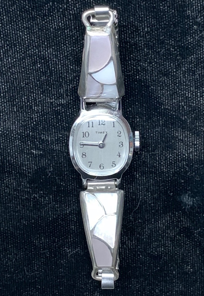 Vintage Robert Jennie Dewa Zuni Sterling Silver Mother Of Pearl Timex Watch Tips