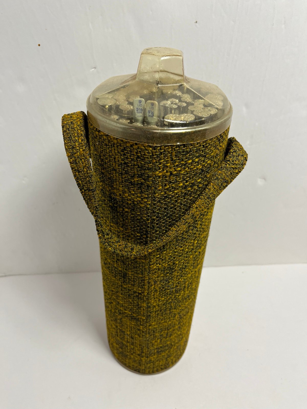 Vintage Knitting Needle Caddy Carrier MCM Green Tweed 14.25” Almost Complete