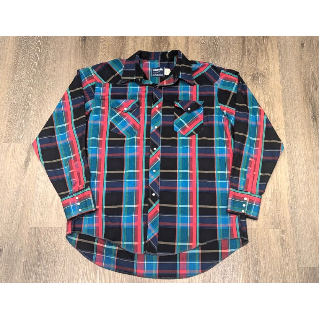 Vintage Wrangler Shirt Mens XL 17.5 35 Western Pearl Snap Teal Red Plaid 80s USA